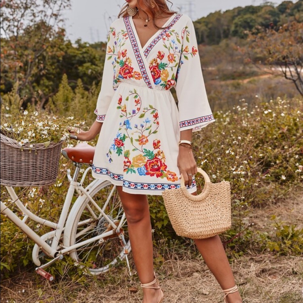 Boho Floral Geo Print Surplice Neck Dress - Picture 7 of 9